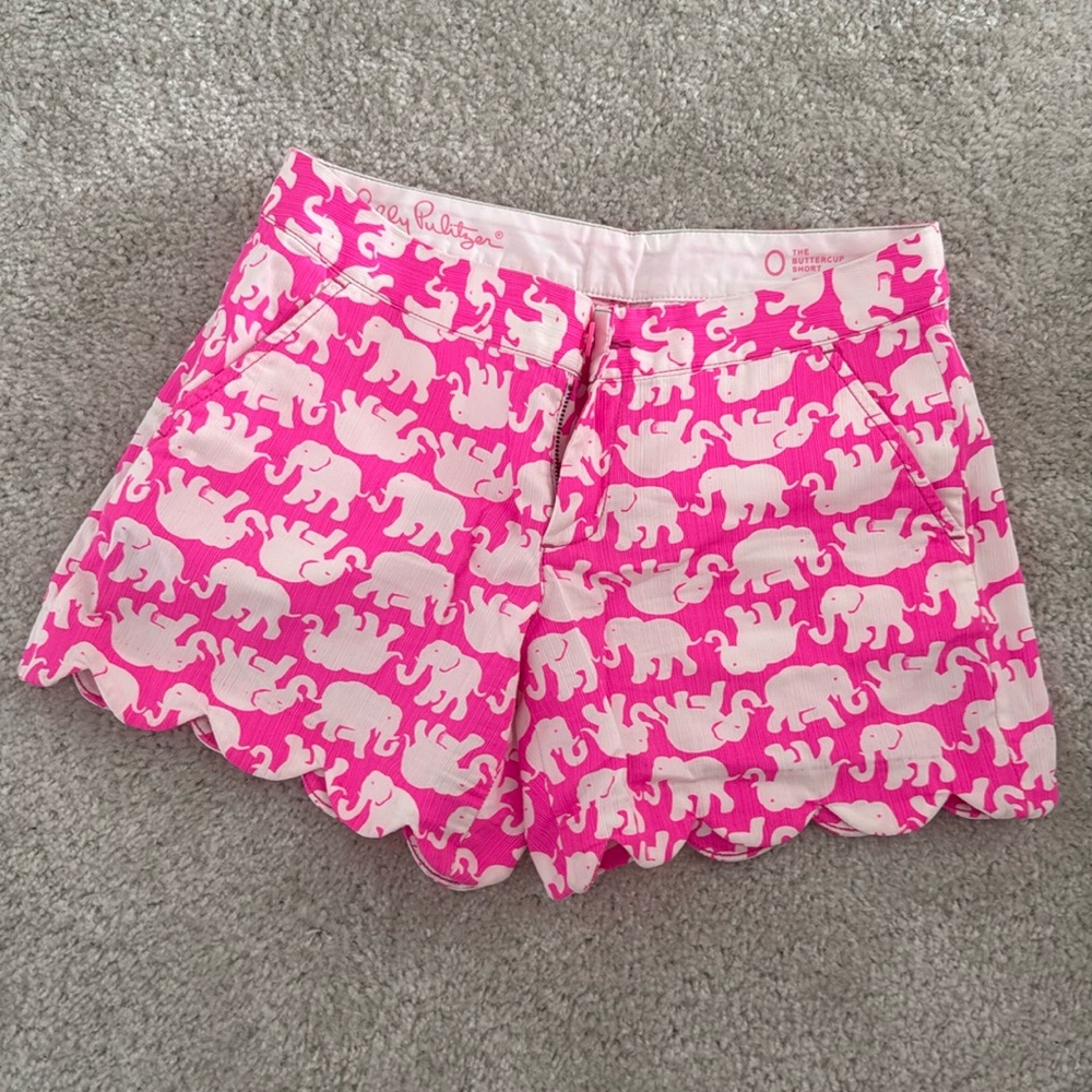 Lilly Pulitzer Tusk in Sun Buttercup Shorts Scalloped Hem Elephants Pink Size 0